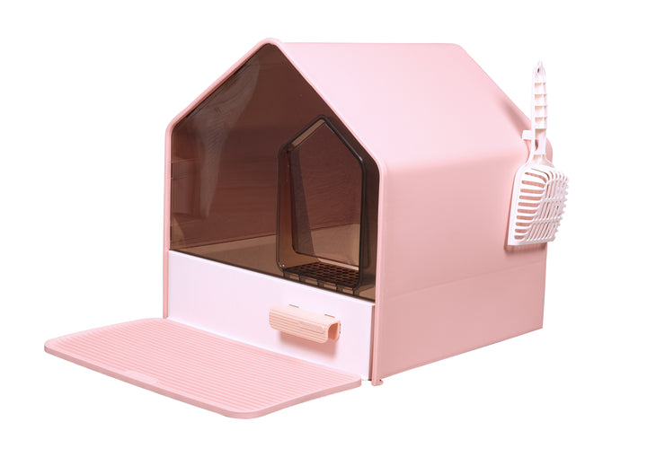 House Shape Hooded Cat Litter Tray with Scoop - Pink