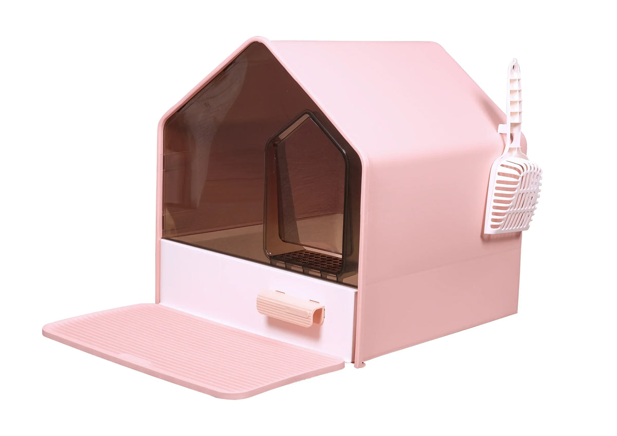 AllPetSolutions pink house shape hooded cat litter tray with scoop