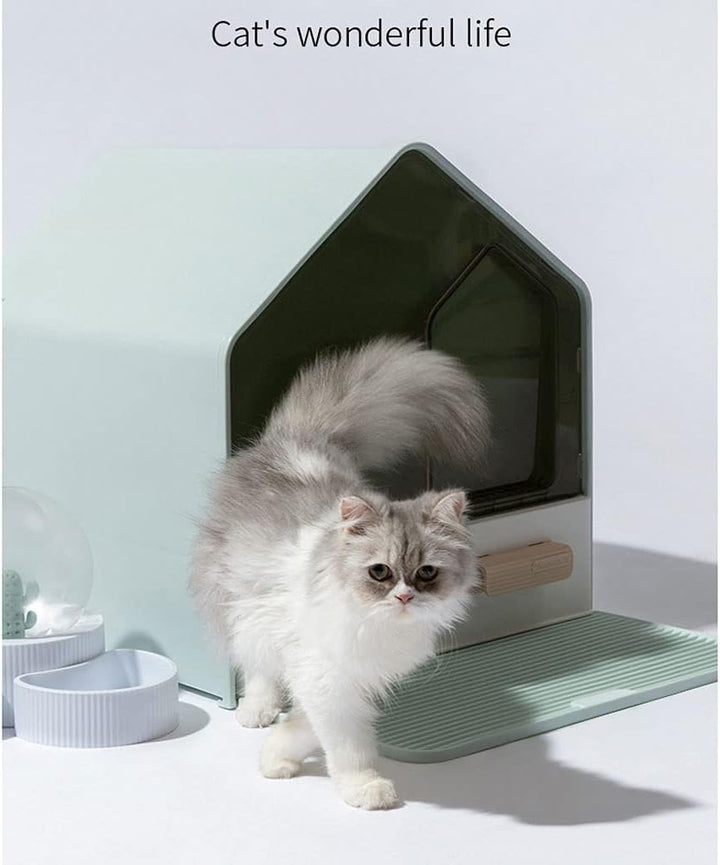 House Shape Hooded Cat Litter Tray with Scoop - Grey