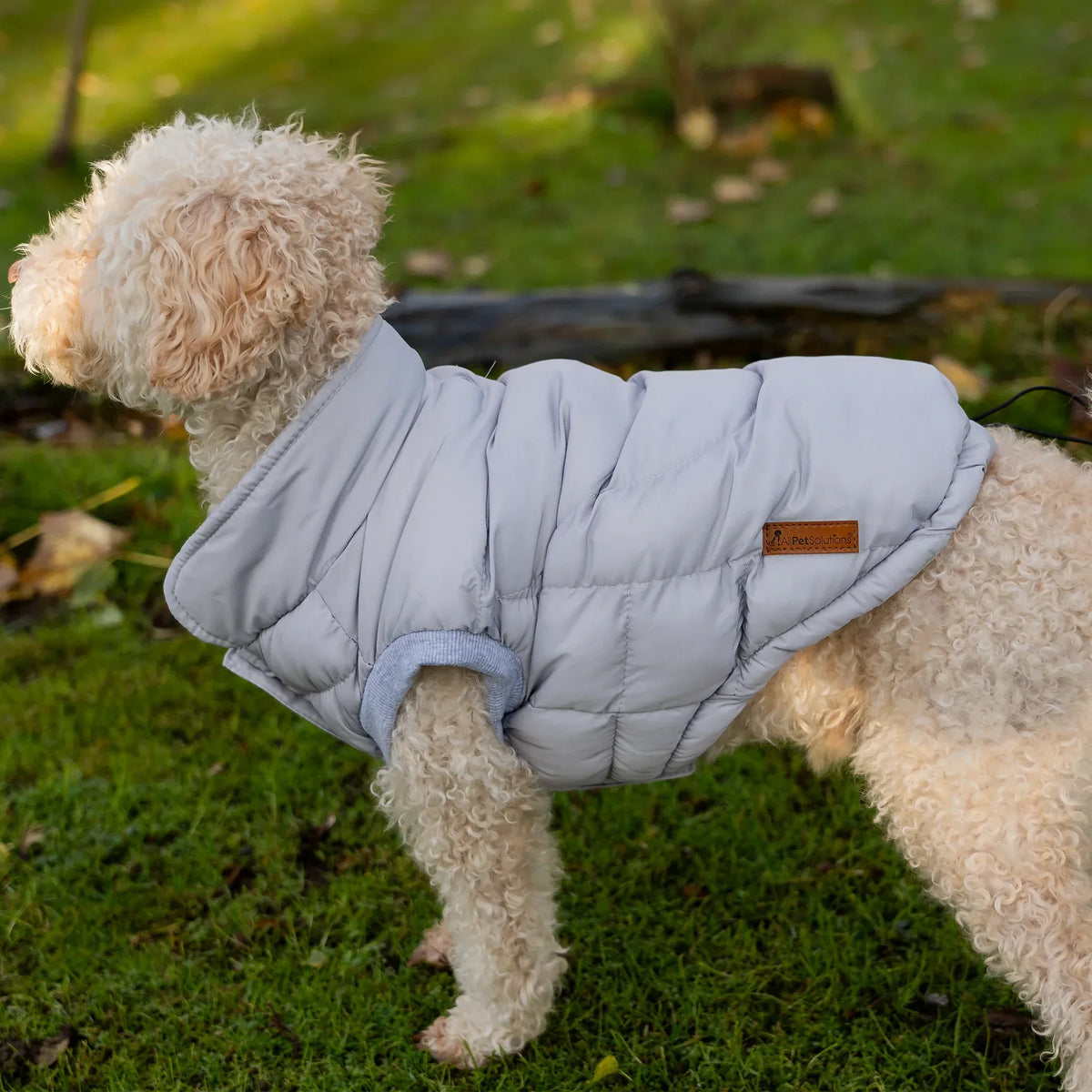 AllPetSolutions luxury showerproof dog puffer jacket in grey, sizes S, M and L