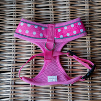 AllPetSolutions pink polka dot dog harness buckle and adjuster detail
