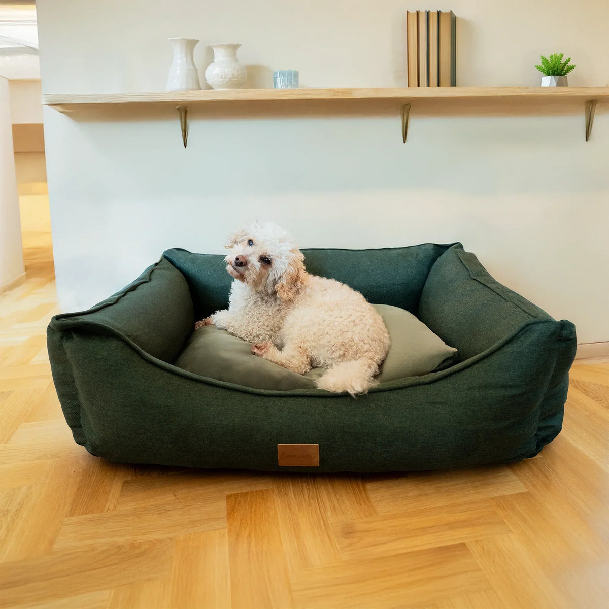 AllPetSolutions Willow Premium luxury dog bed in forest green with a soft velvety removable lining