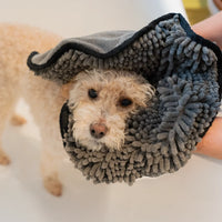 AllPetSolutions grey noodle drying glove worn on a hand