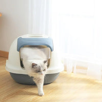 AllPetSolutions grey lidded litter box with the lid lifted off