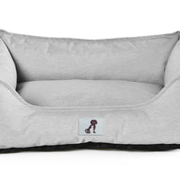 AllPetSolutions Dexter light grey dog bed shown with its dimensions