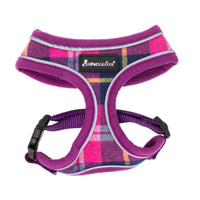 AllPetSolutions purple tartan dog harness measuring guide for choosing a size