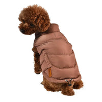 AllPetSolutions brown dog puffer jacket size chart from small to large