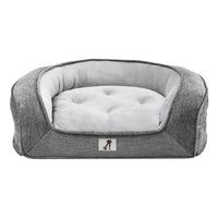 AllPetSolutions Duke grey sofa dog bed shown with its dimensions